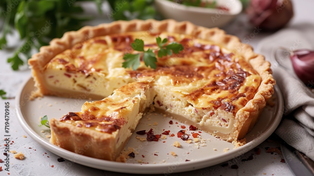 A juicy piece of quiche lorraine, well filled with lots of cheese. Quiche Lorraine served hot as a main course. French cuisine dish. A juicy piece of quiche lorraine, well filled with lots of cheese. Quiche Lorraine served hot as a main course. French cuisine dish.