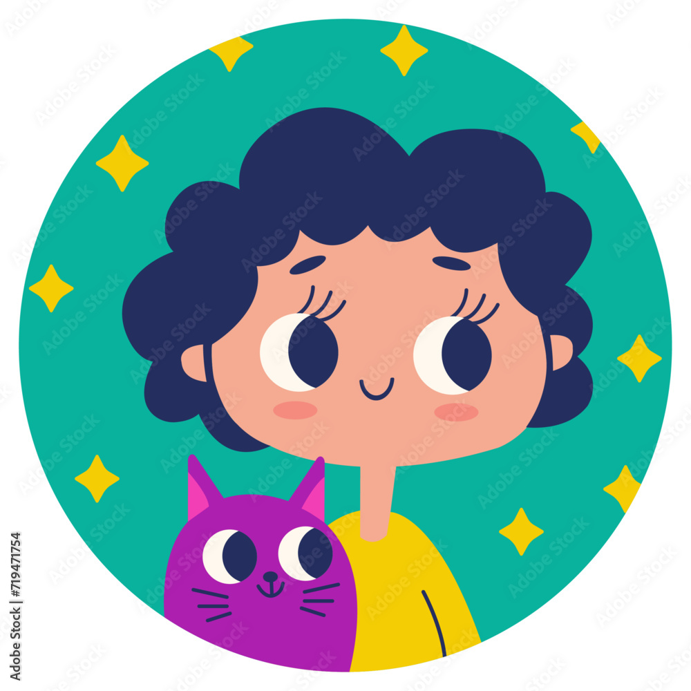 Obraz premium Little boy with a cute cat on a background of stars. Vector illustration in flat style.