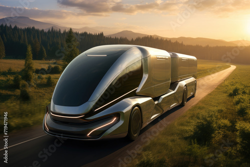 Futuristic truck driving down road near forest. Suitable for transportation  technology  and futuristic concepts