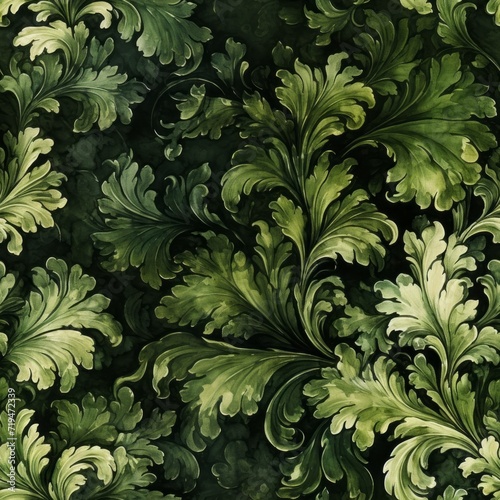 Seamless Vintage Damask Pattern in Dark Green with Distressed Watercolor Effect