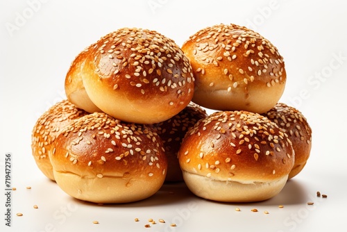 Bread buns isolated on transparent background, freshly baked bread buns with sesame seeds over white background, baking, fresh pastry, and bakery concept