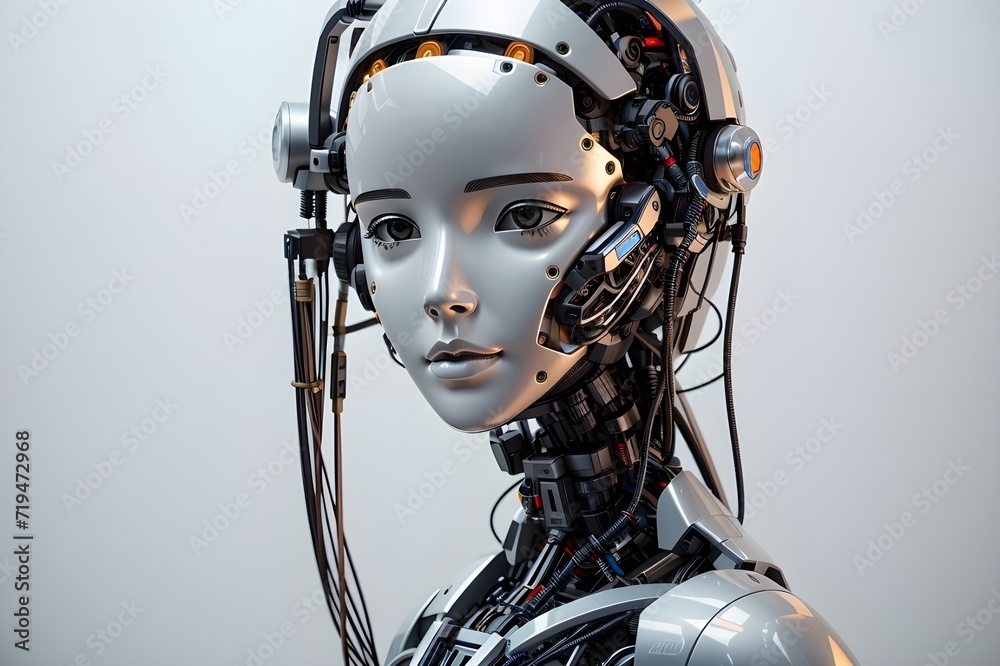 Metallic Muse. An eye-catching close-up of female futurism in robotic grace Metallic Muse. An eye-catching close-up of female futurism in robotic grace
