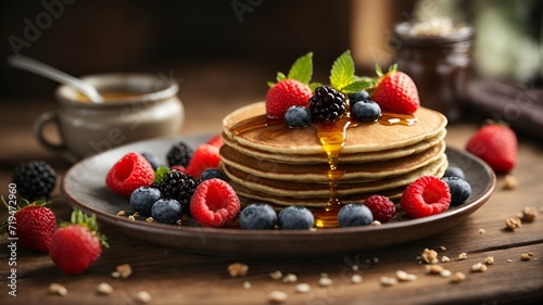 Buckwheat pancakes with berry fruit and honey on wooden vintage table. Generative AI