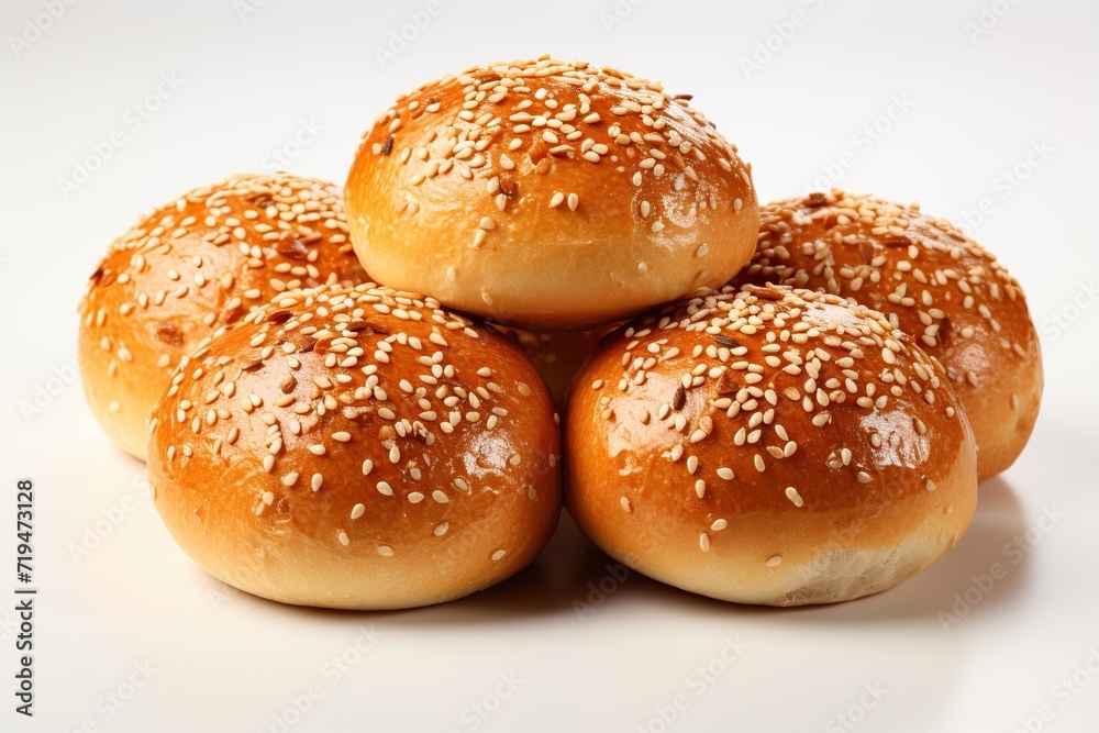 Bread buns isolated on transparent background, freshly baked bread buns with sesame seeds over white background, baking, fresh pastry, and bakery concept