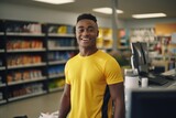 Cheerful gym staff member at a fitness center checkout