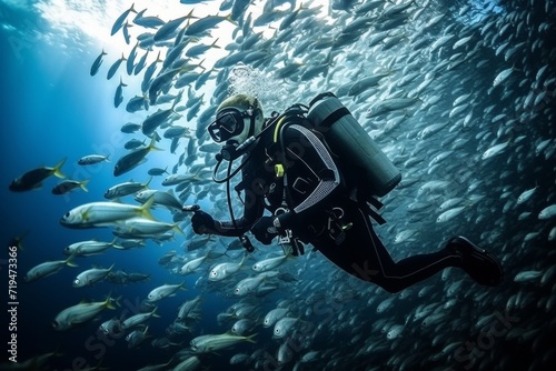 Diver surrounded by school of fish photo