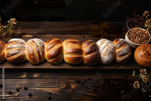 Bread, buns, loaves, rolls on black background, assortment of different types of fresh breads on dark wooden board from above, text copy space, top view