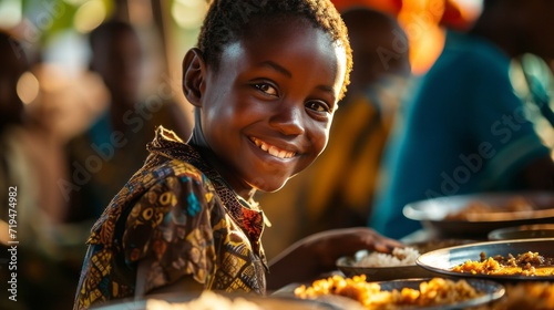 Smiling African Kid Enjoying Rice with Chicken