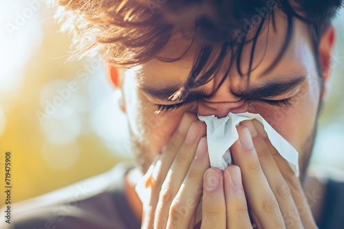 Allergic man sneezing covering nose with handkerchief.  photo