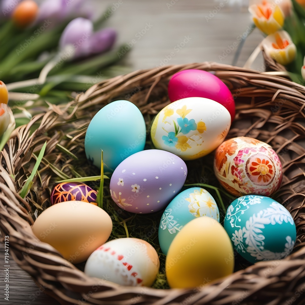 

Eggs in a basket of different colors are intended for cards, Easter, printing, etc