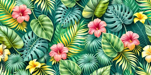 Seamless pattern  exotic leaves and flowers in bright colors  illustration for textile or wallpaper