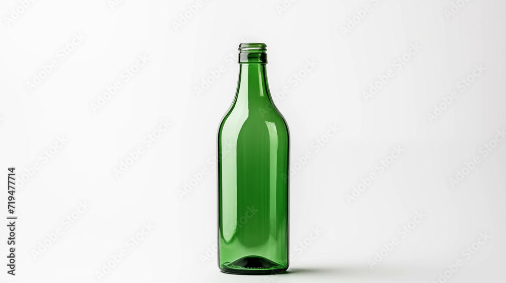 Transparent glass bottle on white background.