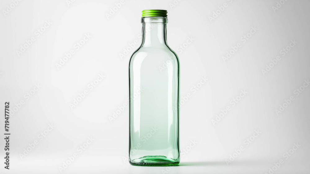 Transparent glass bottle on white background.