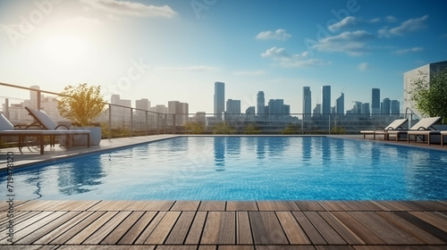 Swimming pool on the building, rooms have a rooftop swimming pool.