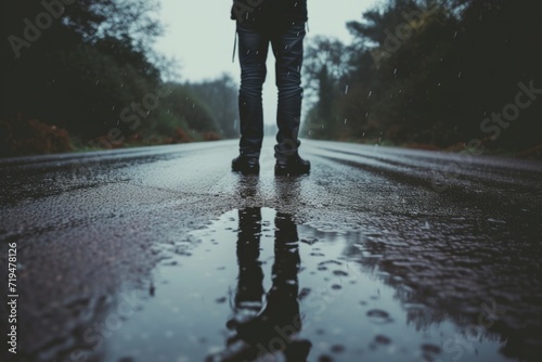 A person standing in the rain with an umbrella. Can be used to depict solitude, protection, or a rainy day