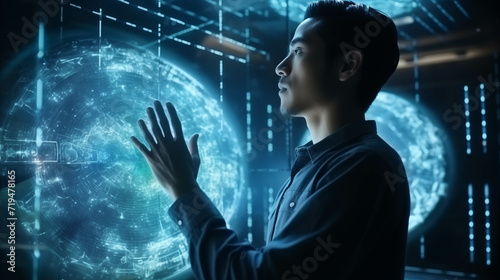 Asian man using hologram working in office.