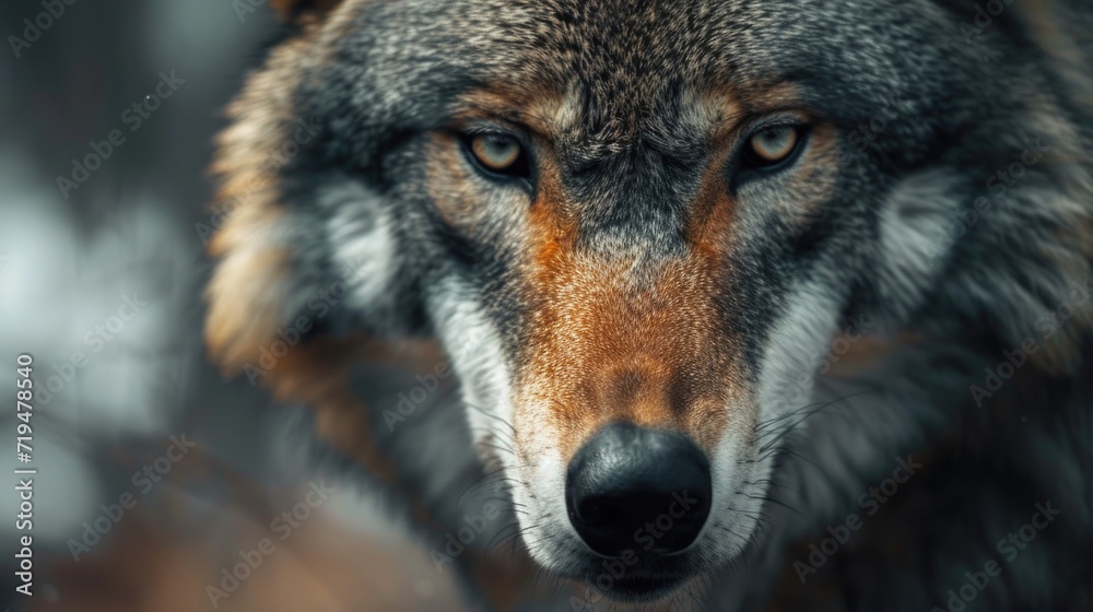 A close-up view of a wolf's face with a blurred background. This image can be used to depict the intensity and power of wildlife. Suitable for nature-themed projects