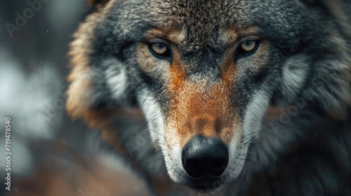 A close-up view of a wolf s face with a blurred background. This image can be used to depict the intensity and power of wildlife. Suitable for nature-themed projects