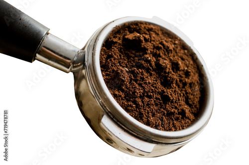  Pouring ground coffee isolated on white background.