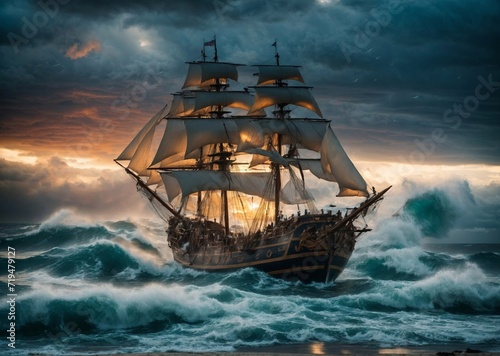 Vintage 18s ship in the ocean oil painting, Old sail ship braving the waves of a wild stormy sea at night. Generative AI. 