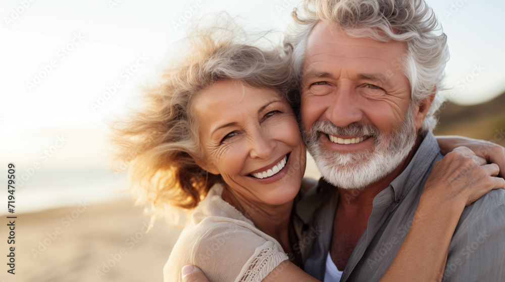 Elderly Caucasian couple hugging on the beach. Elderly Caucasian couple hugging on the beach.