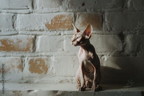 A sphy cat sits on a ledge in front of a brick wall. Suitable for various uses