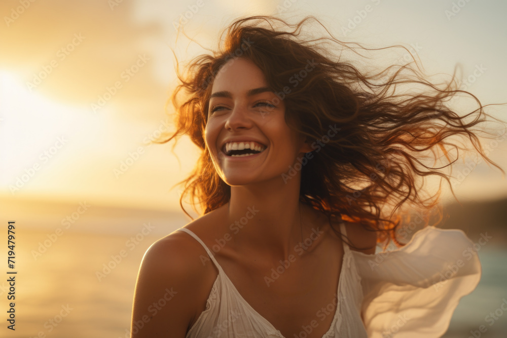 Woman with smile on her face standing on beach. Suitable for travel and vacation themes