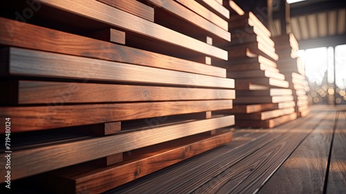wooden planks at a lumber warehouse, showcasing the intricate details and textures. The background feature an array of boards to convey the warehouse environment.
