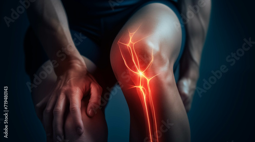 Closeup young man holding his knee, leg injury.