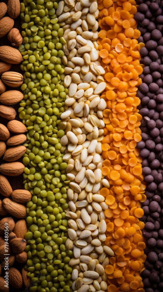 Assorted Legumes and Nuts in Rows Assorted Legumes and Nuts in Rows