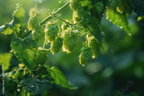 Green hops hanging from a tree branch. Perfect for beer brewing or botanical themed projects