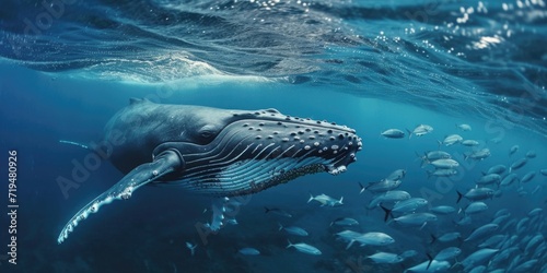 A captivating image of a humpback whale swimming in the ocean, surrounded by a school of fish. This picture can be used to showcase marine life and the beauty of the underwater world © Fotograf