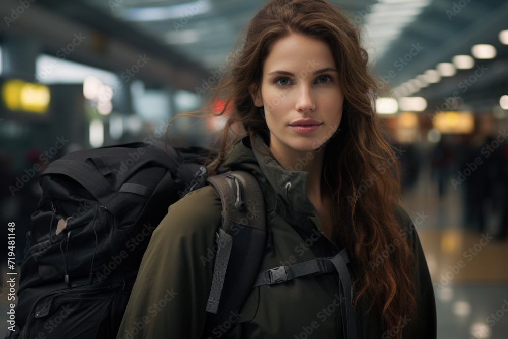 Woman stands in airport, carrying backpack. This image can be used to depict travel, vacation, or adventure