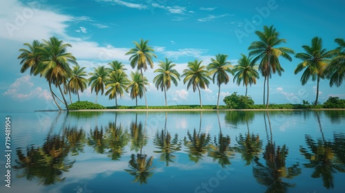 A serene image featuring a group of palm trees gracefully positioned on top of a body of water. Perfect for tropical and beach-themed designs © Fotograf