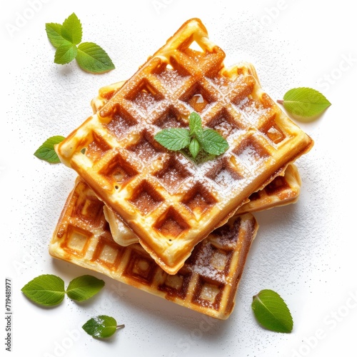 Waffles with powdered sugar isolated on white flat lay 