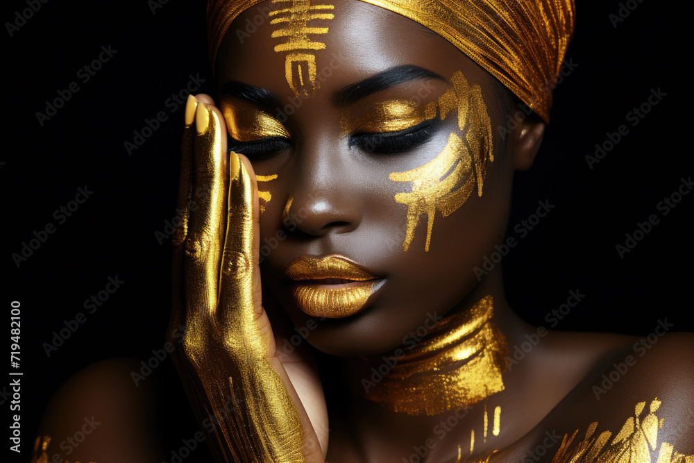Woman with gold paint on her face, suitable for makeup and beauty concepts Woman with gold paint on her face, suitable for makeup and beauty concepts