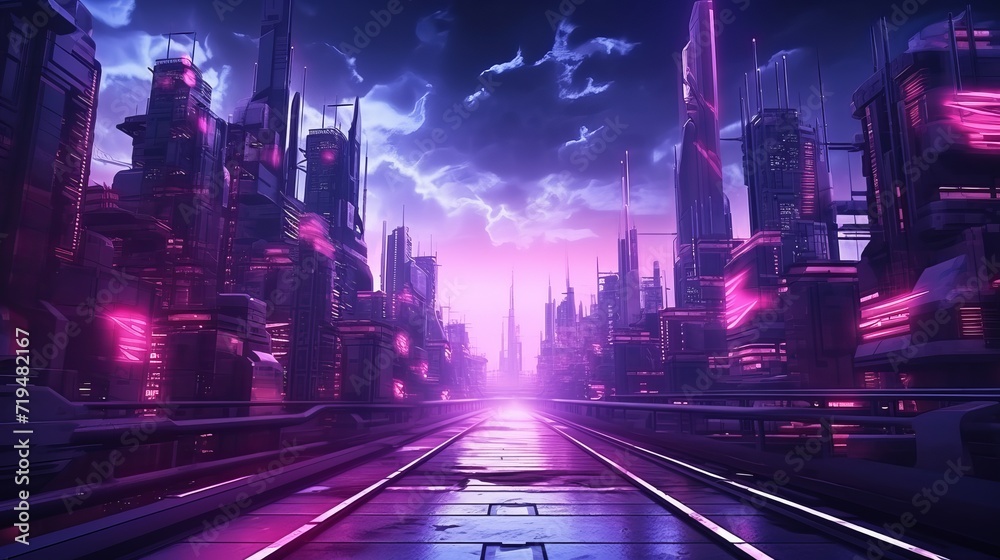 This wallpaper is designed with cyberpunk industrial abstract elements, futuristic concept, pink evening urban landscape, and 3d illustration.