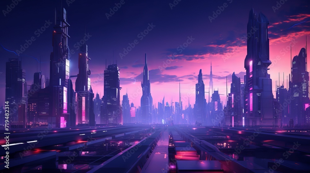 This wallpaper is designed with cyberpunk industrial abstract elements, futuristic concept, pink evening urban landscape, and 3d illustration.