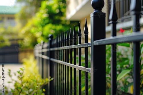 A detailed view of a fence with a building in the background. This image can be used to depict architectural elements or urban landscapes