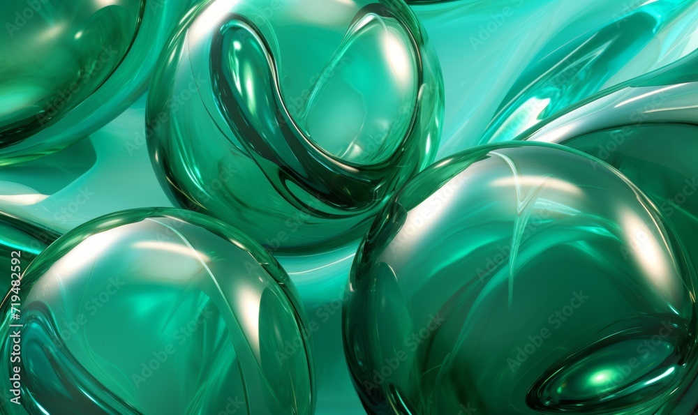 Abstract background with green and blue fluid glass bubbles.