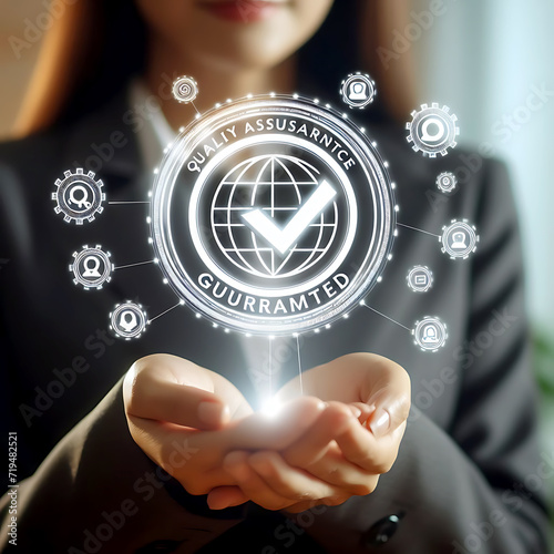 Businesswomen show best assurance icon in hand Product satisfaction guaranteed to Develop quality to international standards. generative ai photo