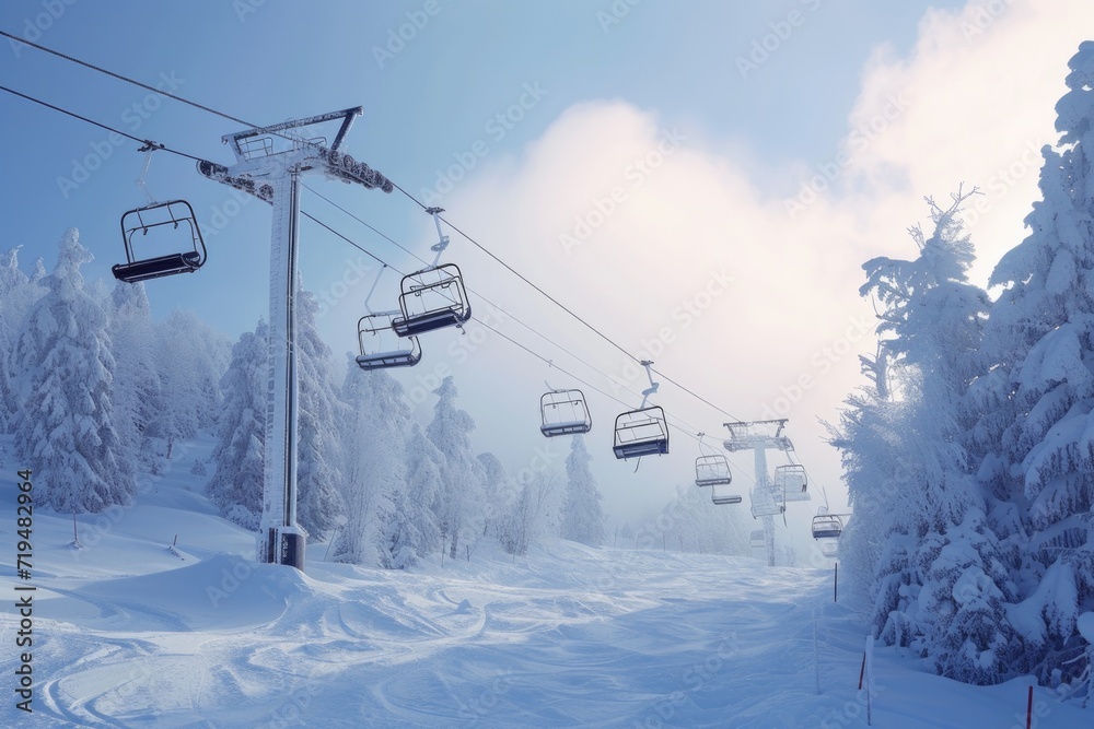 A ski lift ascending a snowy mountain. Ideal for winter sports and mountain adventure concepts