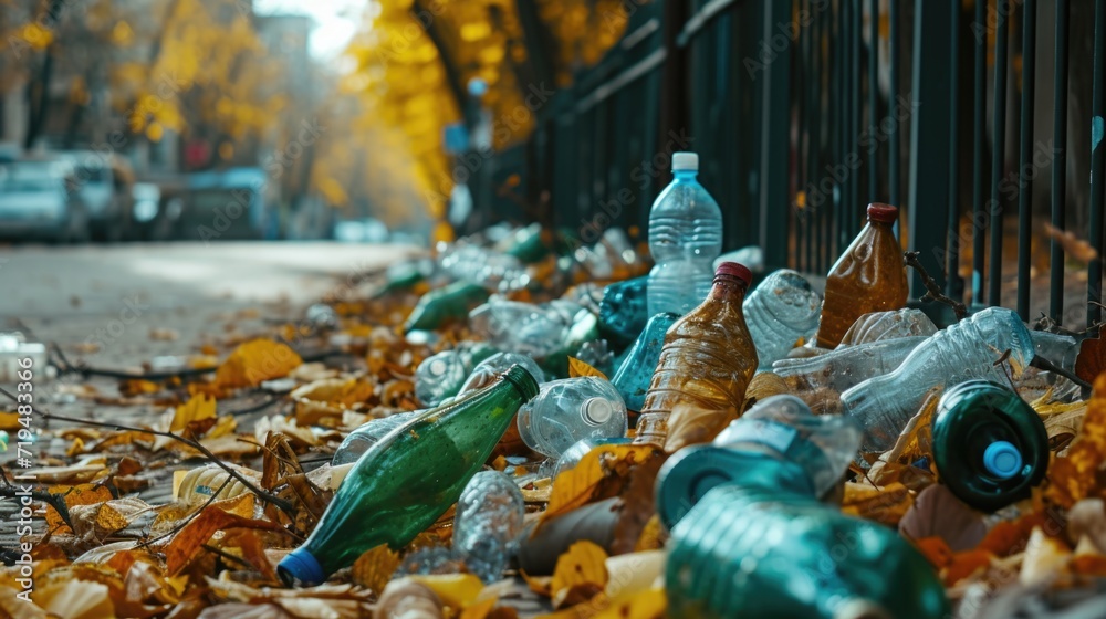 A collection of discarded empty bottles piled on the ground. Perfect for illustrating waste, recycling, or excessive consumption.