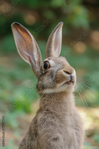 A close-up image of a rabbit looking upwards. This picture can be used to depict curiosity or in articles about wildlife © Fotograf