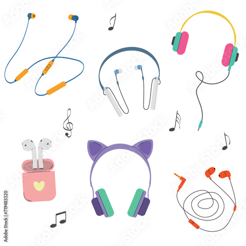 Vector set of Cartoon headphones, Wireless modern headphones and wired headphones