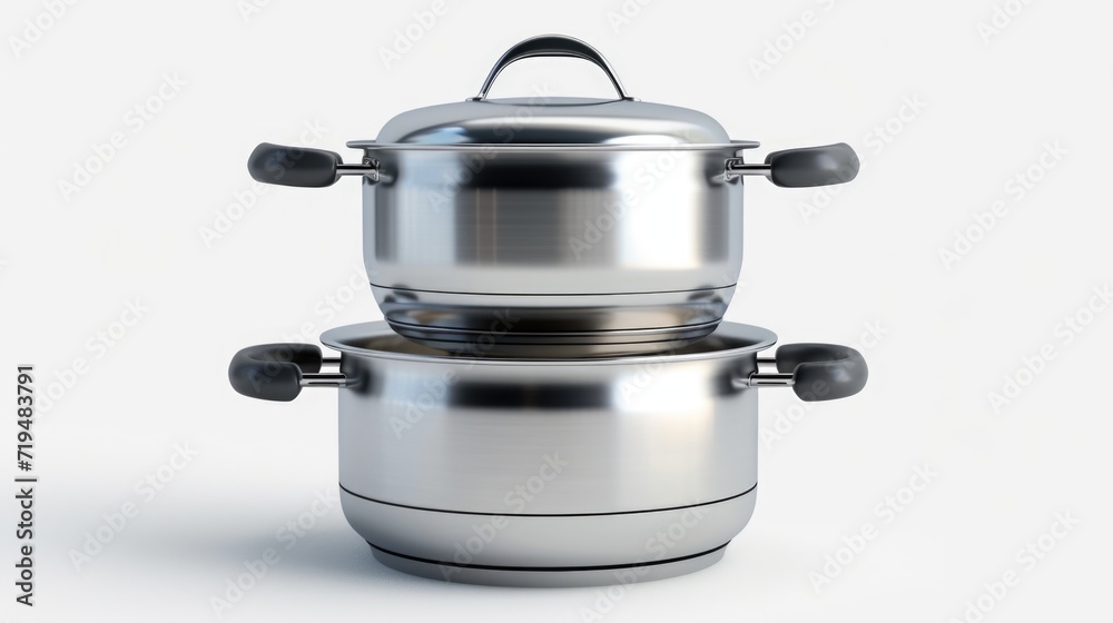 Three stainless steel pots stacked on top of each other. Versatile and practical for various cooking needs Three stainless steel pots stacked on top of each other. Versatile and practical for various cooking needs
