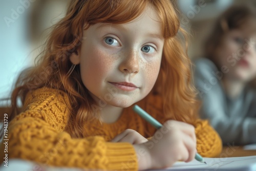 A young girl sitting at a table with a pencil in her hand. Suitable for educational and creative projects