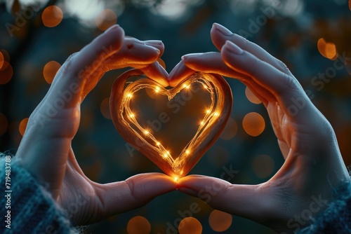 A person holding a heart shaped light in their hands. This image can be used to symbolize love, romance, Valentine's Day, or any heartfelt emotions