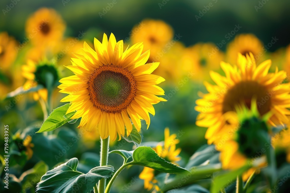 A vibrant field of yellow sunflowers with lush green leaves. Perfect for adding a touch of nature and beauty to any project A vibrant field of yellow sunflowers with lush green leaves. Perfect for adding a touch of nature and beauty to any project