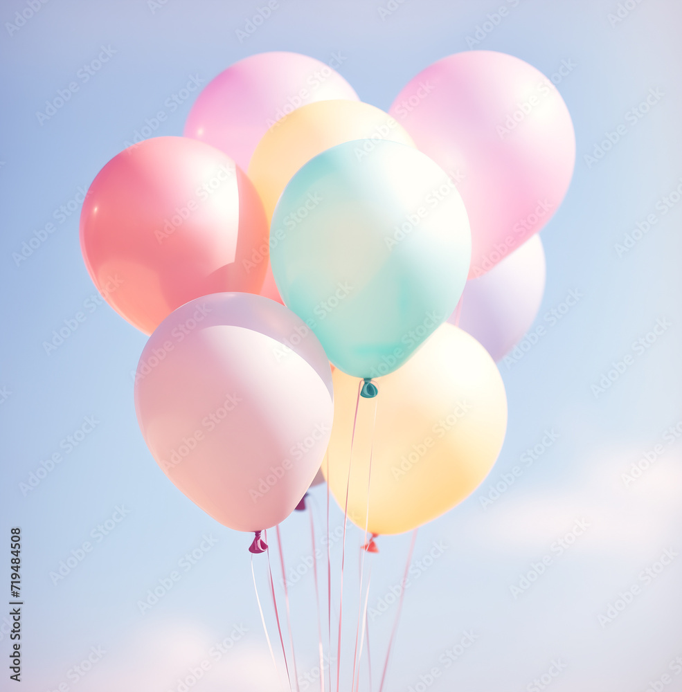Multicolored pastel  balloons over blue pastel sky background, celebration, happy birthday and new year